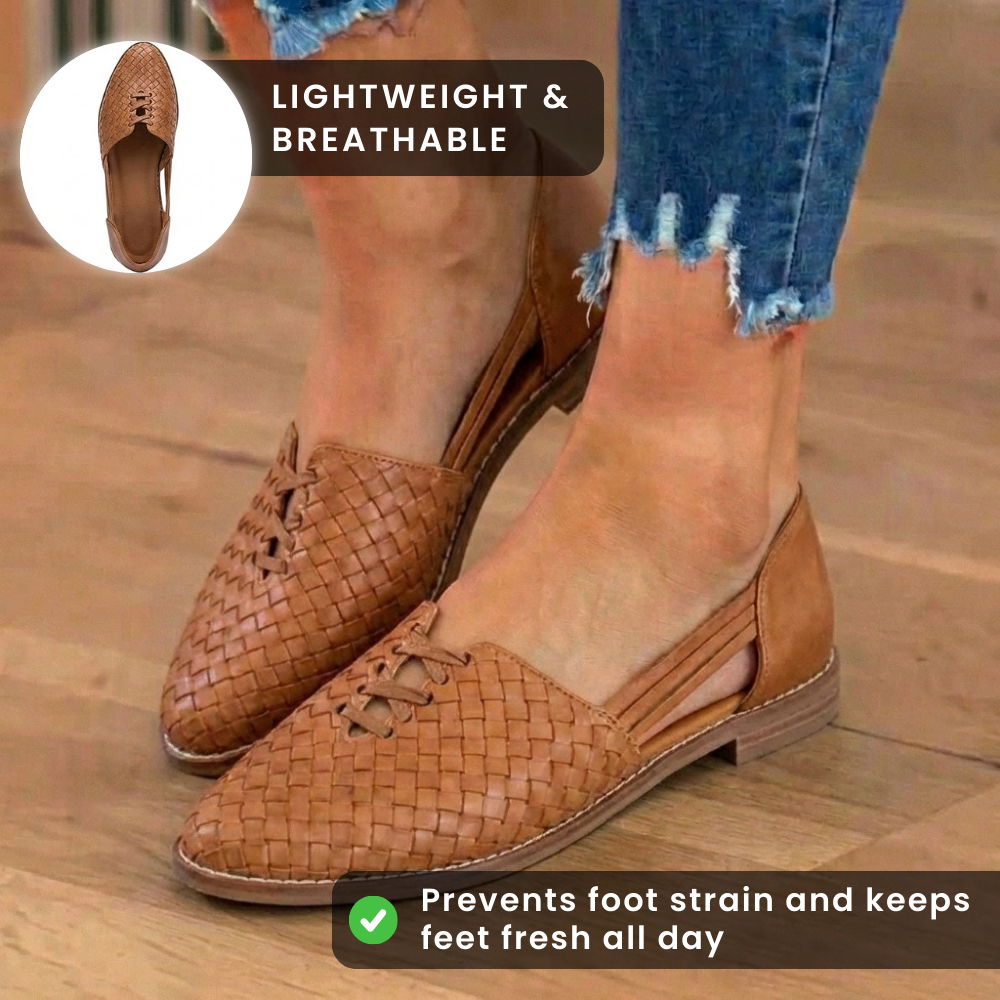 Orthopedic Leather Woven Slip-On Flats - Basketweave Cutout Detail