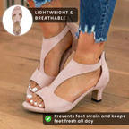 Orthopedic Linen Block Heel Sandals - T-Strap Peep-Toe Desig
