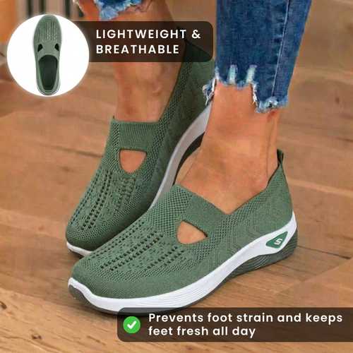 Orthopedic Knit Slip-On Wedge Sneakers - Cutout Teardrop Design & Rocker Sole