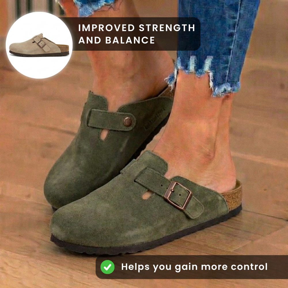 Orthopedic Suede Cork Footbed Clogs - Single Buckle Detail