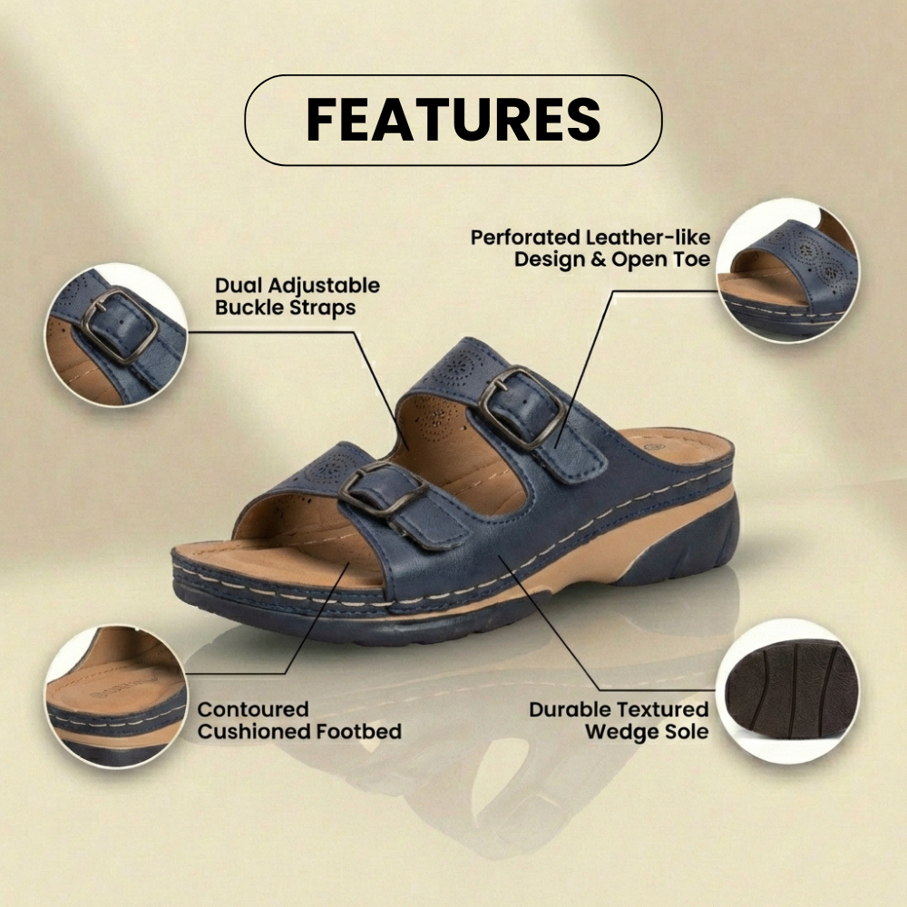 Orthopedic Leather Platform Slide Sandals - Double Buckle Perforated Design