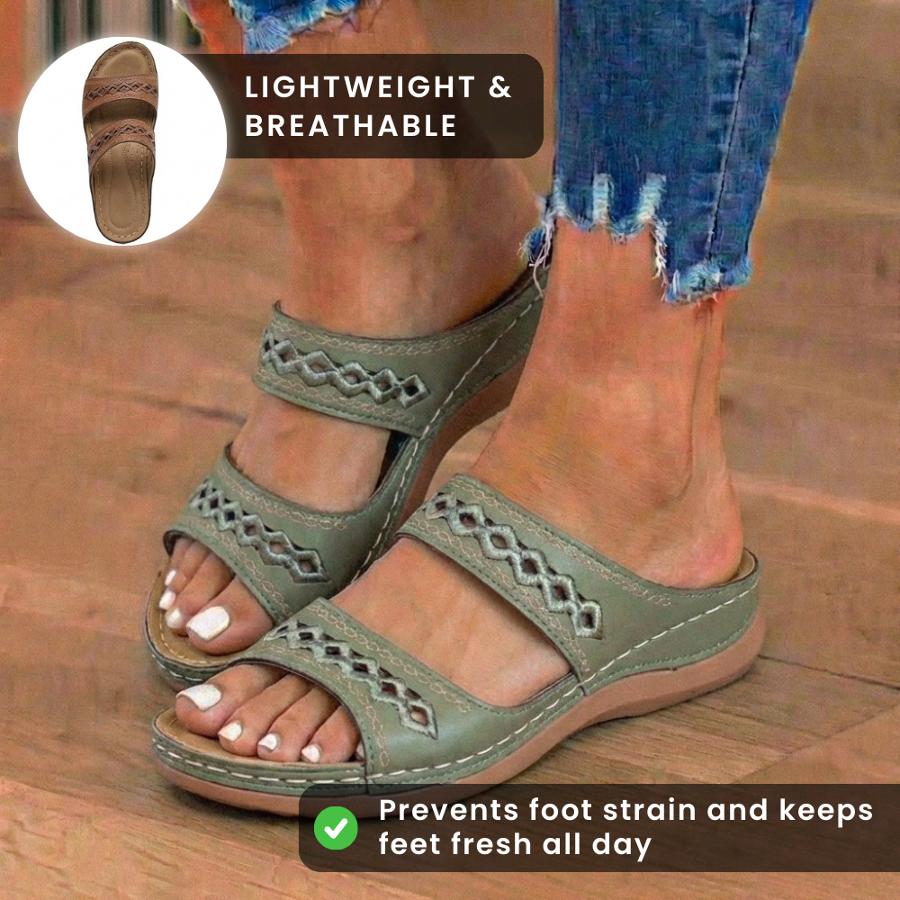 Orthopedic Leather Braided Slide Sandals - Triple Strap Woven Detail