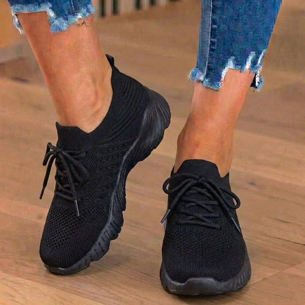 Orthopedic Knit High-Top Sneakers - Lace-Up Closure & Sock-Fit Collar