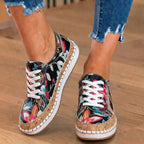 Orthopedic Canvas Espadrille Sneakers - Embroidered Floral Pattern & Cork Trim Detail