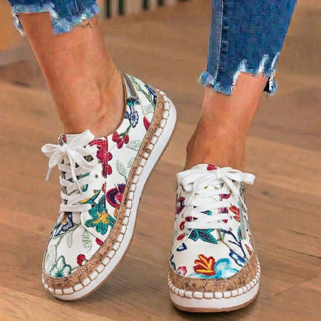 Orthopedic Canvas Espadrille Sneakers - Embroidered Floral Pattern & Cork Trim Detail