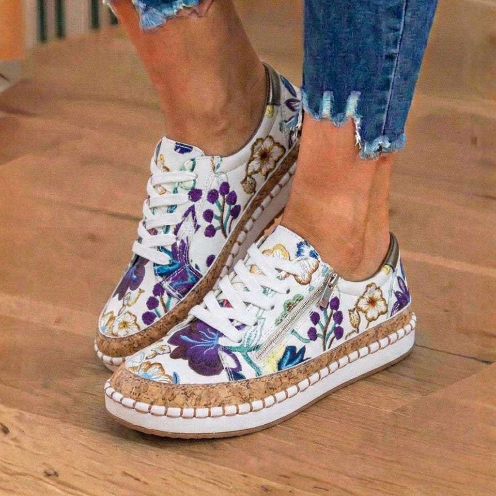 Orthopedic Canvas Espadrille Sneakers - Embroidered Floral Pattern & Cork Trim Detail