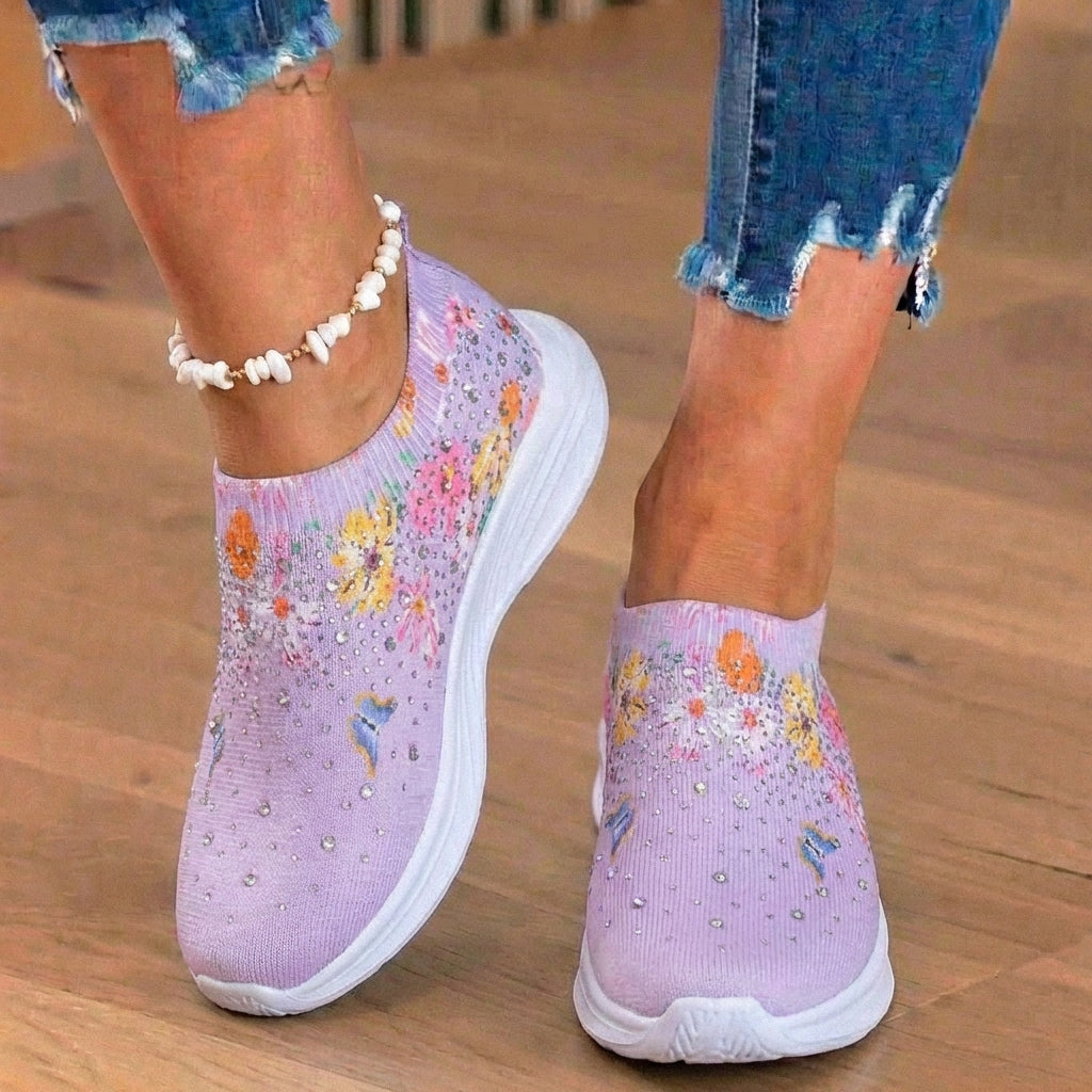 Orthopedic Knit Slip-On Sneakers - Butterfly & Floral Print & Crystal Embellishments