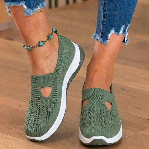 Orthopedic Knit Slip-On Wedge Sneakers - Cutout Teardrop Design & Rocker Sole