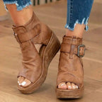 Orthopedic Leather Platform Sandals - Double Buckle Ankle Strap