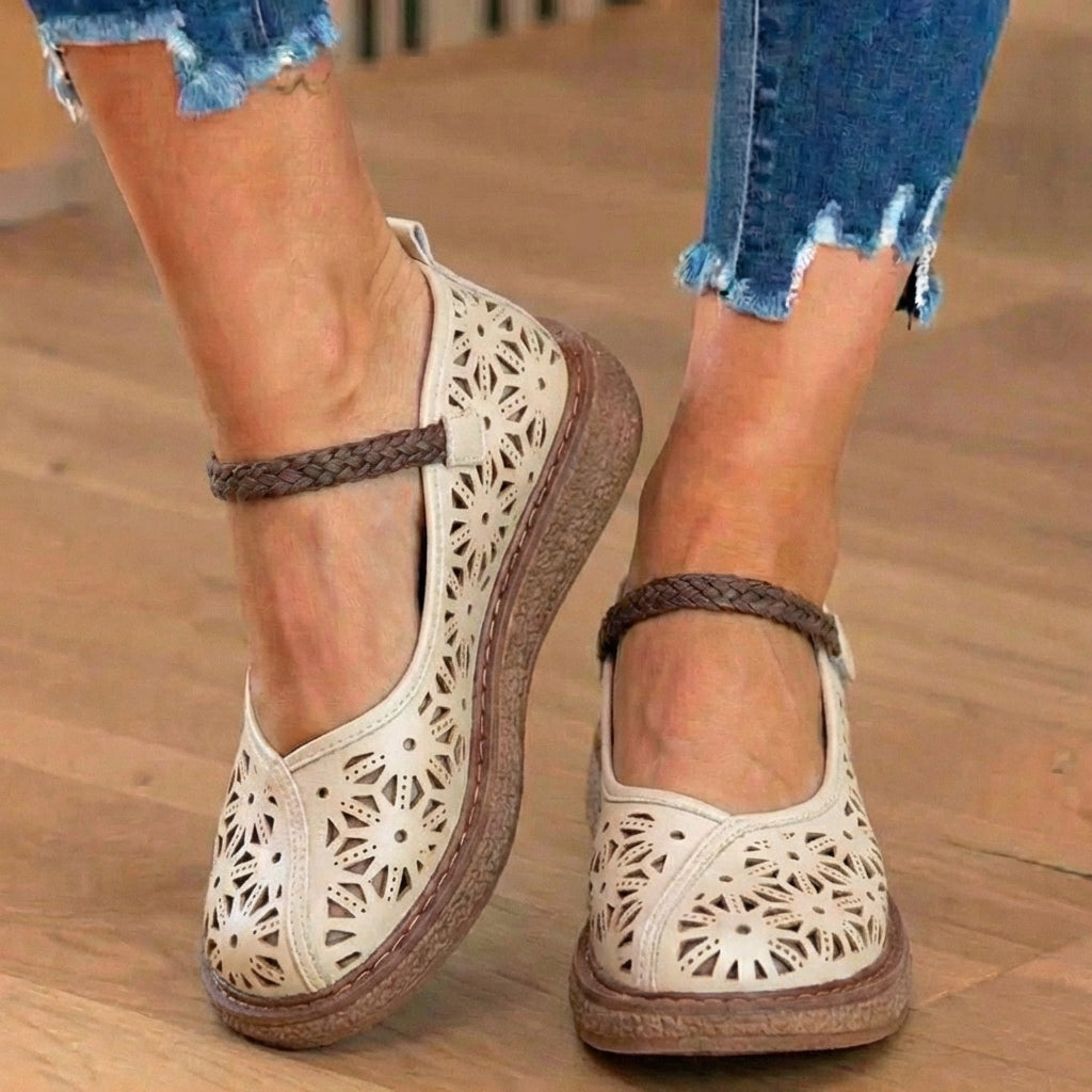 Orthopedic Leather Laser-Cut Flats - Braided Ankle Strap