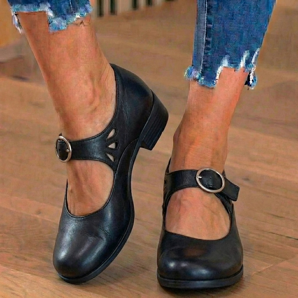 Orthopedic Suede Mary Jane Block Heels - Ring Buckle & Cutout Detail
