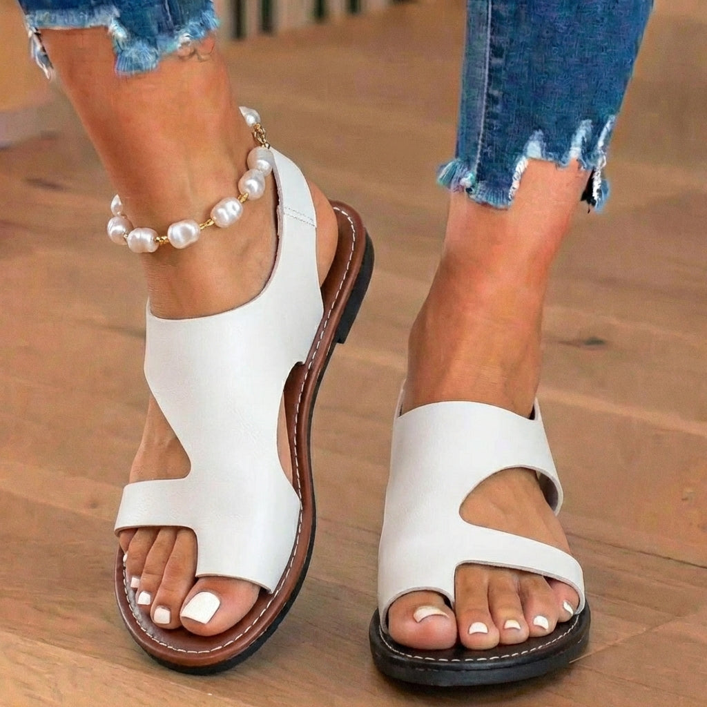 Orthopedic Leather Cutout Slide Sandals - Asymmetric Open Toe Design