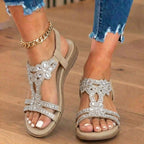 Orthopedic Embellished Wedge Sandals - Rhinestone Floral & Elastic Slingback