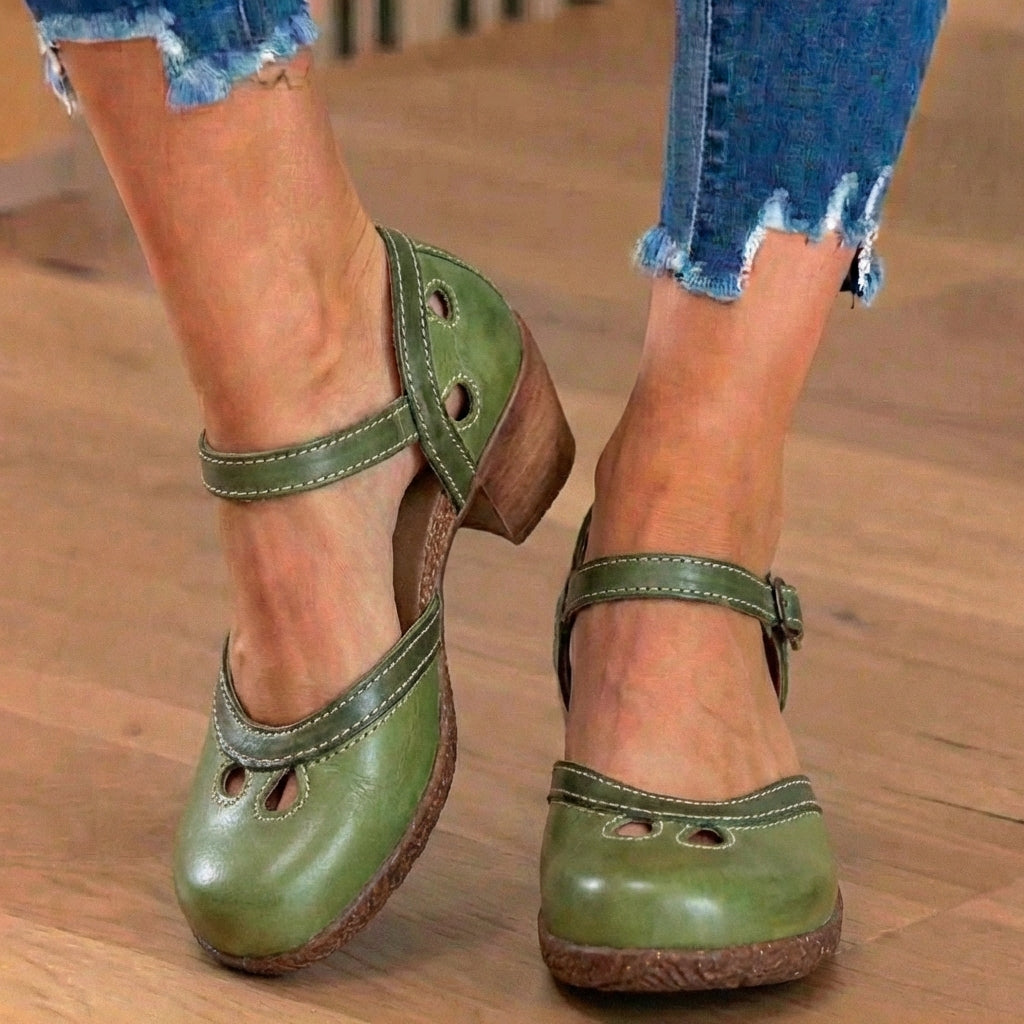 Orthopedic Leather Color-Block Mary Janes - Cutout Pattern & Dual-Buckle