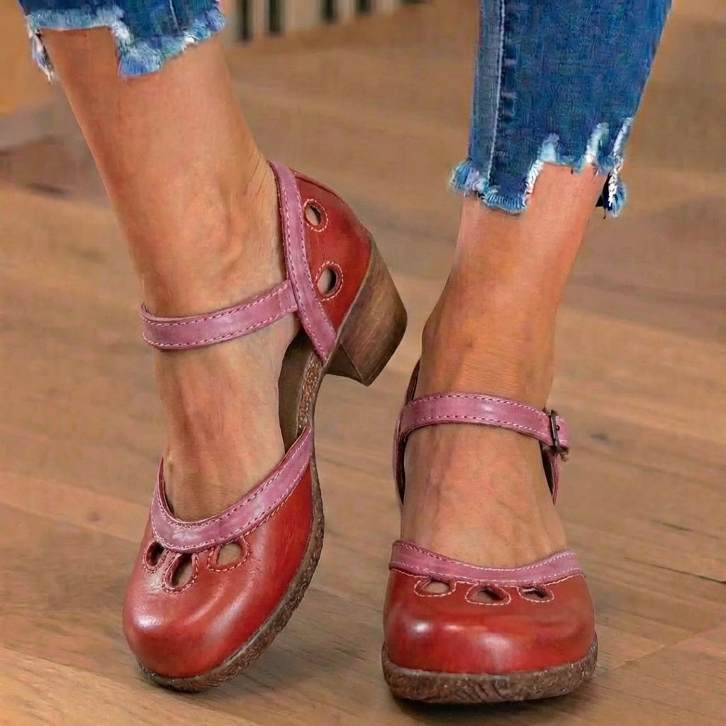 Orthopedic Leather Color-Block Mary Janes - Cutout Pattern & Dual-Buckle
