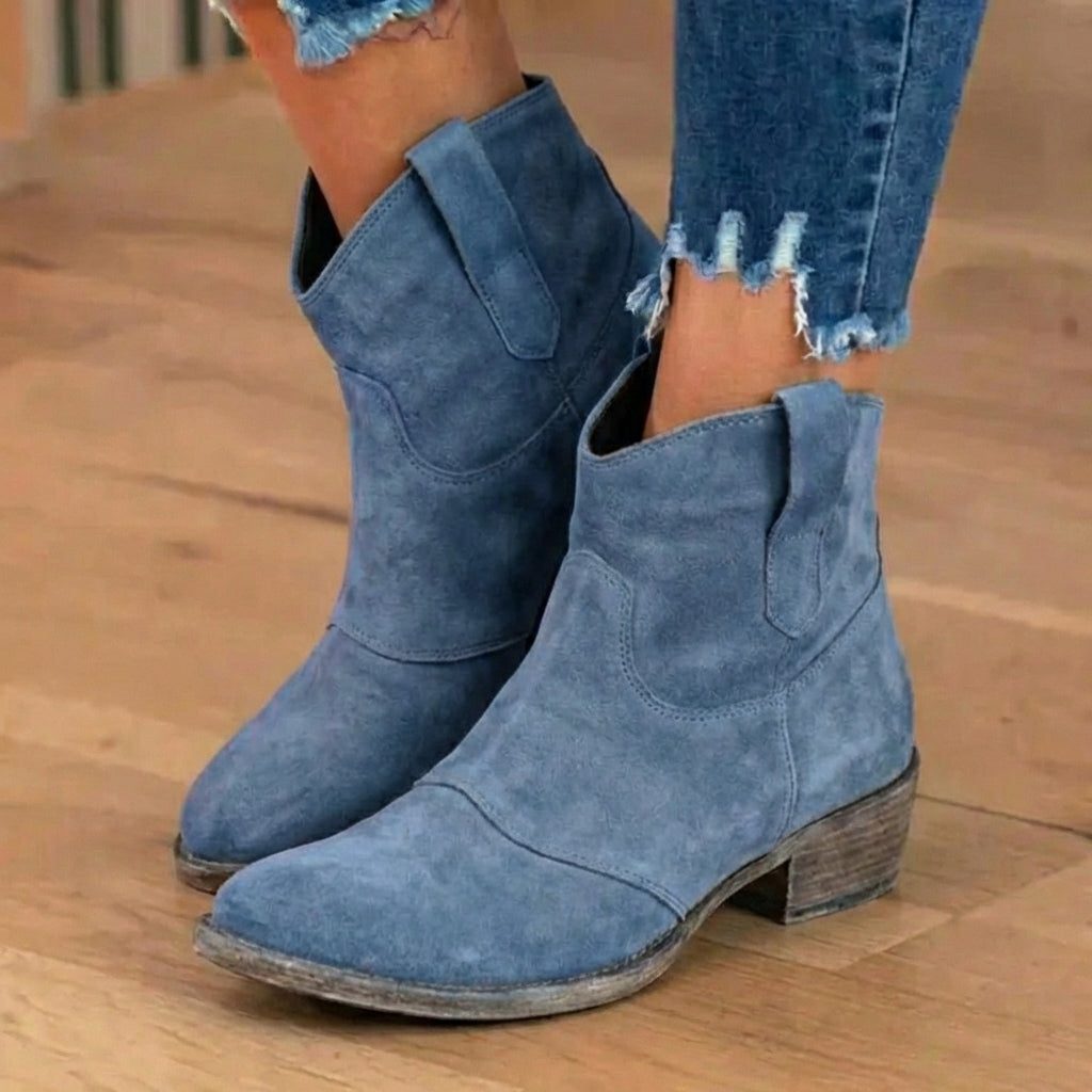 Orthopedic Suede Western Ankle Boots - Low Block Heel Pull-On