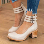 Orthopedic Leather Ankle Boots - Block Heel Double Buckle Strap